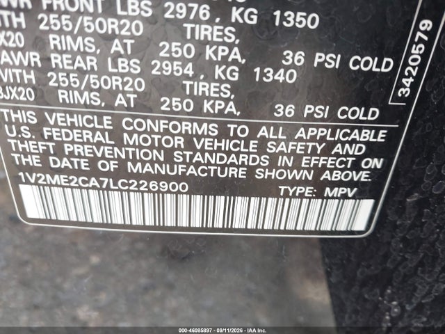 46085897 :رقم المزاد ، 1V2ME2CA7LC226900 vin ، 2020 Volkswagen Atlas Cross Sport 3.6l V6 Sel مزاد بيع