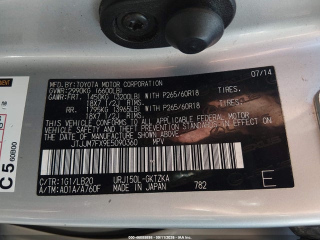 46085898 :رقم المزاد ، JTJJM7FX9E5090360 vin ، 2014 Lexus Gx 460 Luxury مزاد بيع