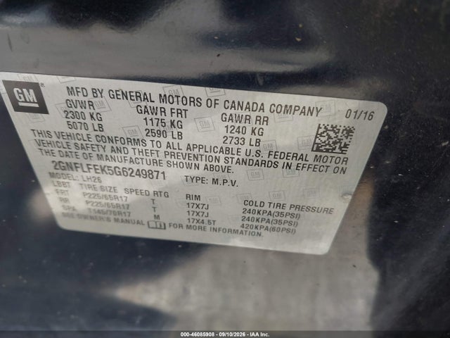 46085908 :رقم المزاد ، 2GNFLFEK5G6249871 vin ، 2016 Chevrolet Equinox Lt مزاد بيع