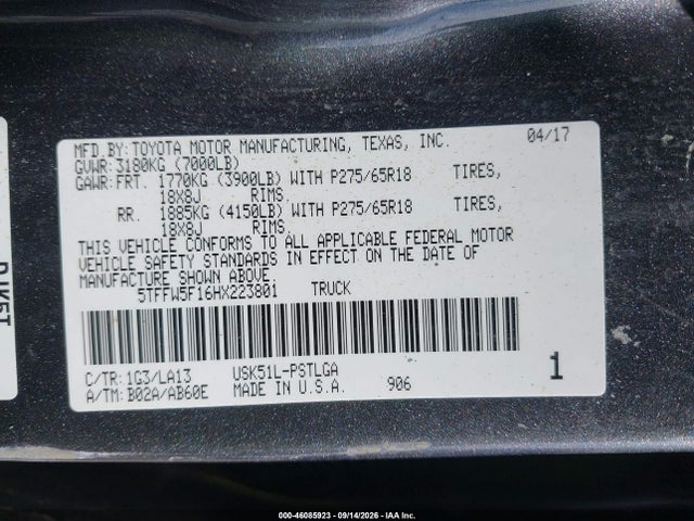 Aukcja sprzedaży 2017 Toyota Tundra Limited 5.7l V8, vin: 5TFFW5F16HX223801, numer aukcji: 46085923