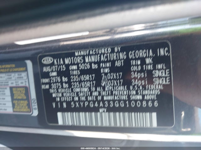 Продаж на аукціоні авто 2016 Kia Sorento 2.4l Lx, vin: 5XYPG4A33GG100866, номер лоту: 46085924