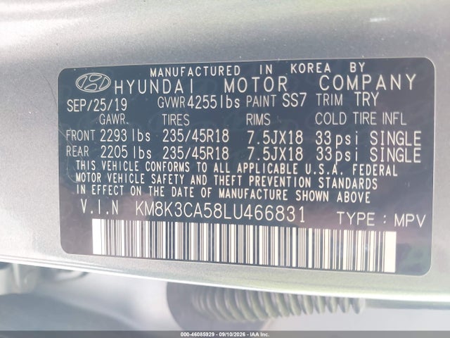 46085929 :رقم المزاد ، KM8K3CA58LU466831 vin ، 2020 Hyundai Kona Limited مزاد بيع