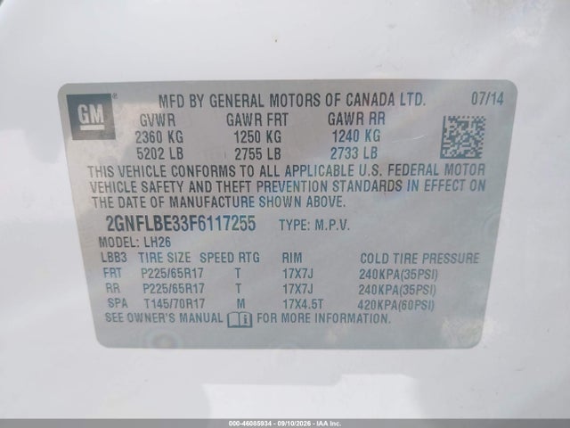 46085934 :رقم المزاد ، 2GNFLBE33F6117255 vin ، 2015 Chevrolet Equinox 1lt مزاد بيع