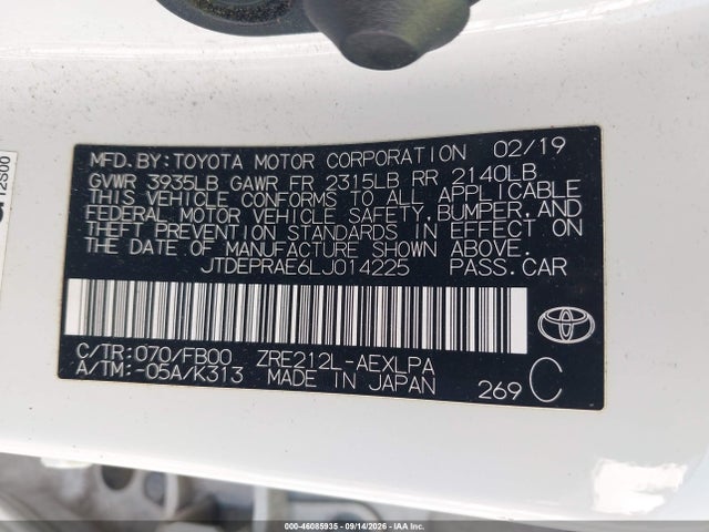46085935 :رقم المزاد ، JTDEPRAE6LJ014225 vin ، 2020 Toyota Corolla Le مزاد بيع