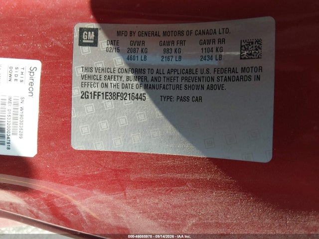 46085970 :رقم المزاد ، 2G1FF1E38F9216445 vin ، 2015 Chevrolet Camaro 2lt مزاد بيع