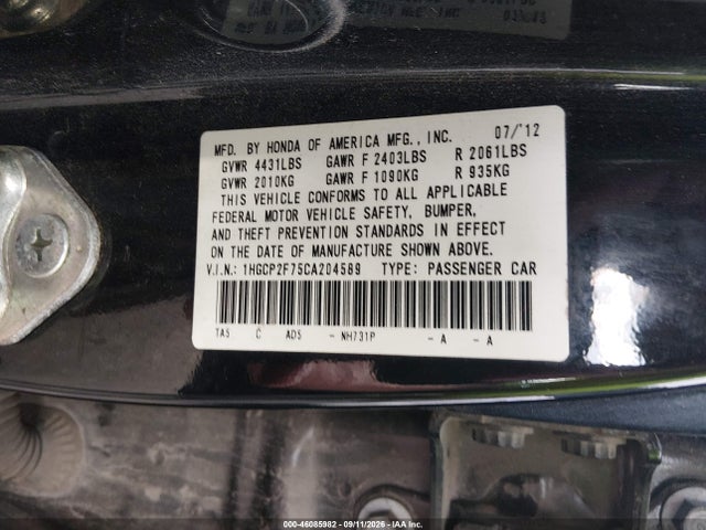46085982 :رقم المزاد ، 1HGCP2F75CA204589 vin ، 2012 Honda Accord 2.4 Ex مزاد بيع