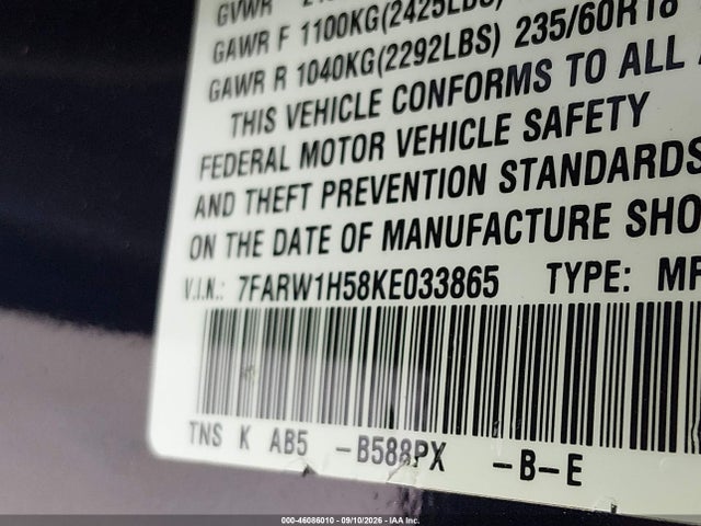 2019 Honda Cr-v Ex მანქანა იყიდება აუქციონზე, vin: 7FARW1H58KE033865, აუქციონის ნომერი: 46086010