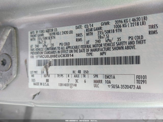 Продажа на аукционе авто 2014 Ford Escape Titanium, vin: 1FMCU0JX6EUC83514, номер лота: 46086014