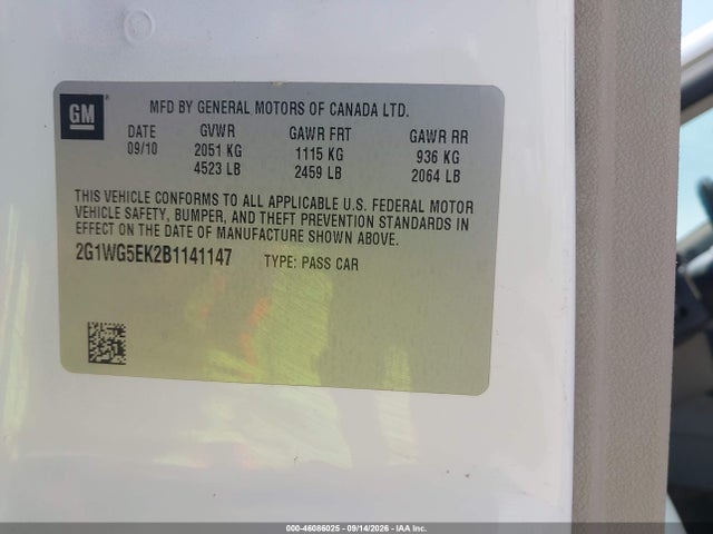 46086025 :رقم المزاد ، 2G1WG5EK2B1141147 vin ، 2011 Chevrolet Impala Lt مزاد بيع
