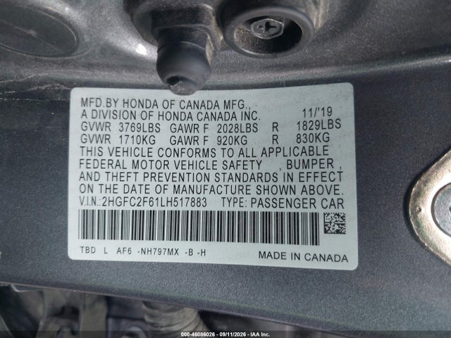 Продажа на аукционе авто 2020 Honda Civic Lx, vin: 2HGFC2F61LH517883, номер лота: 46086026