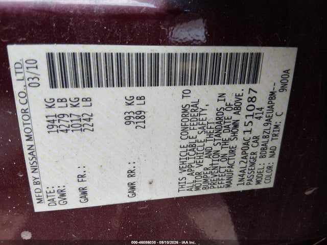 2010 Nissan Altima 2.5 S მანქანა იყიდება აუქციონზე, vin: 1N4AL2AP0AC151087, აუქციონის ნომერი: 46086030