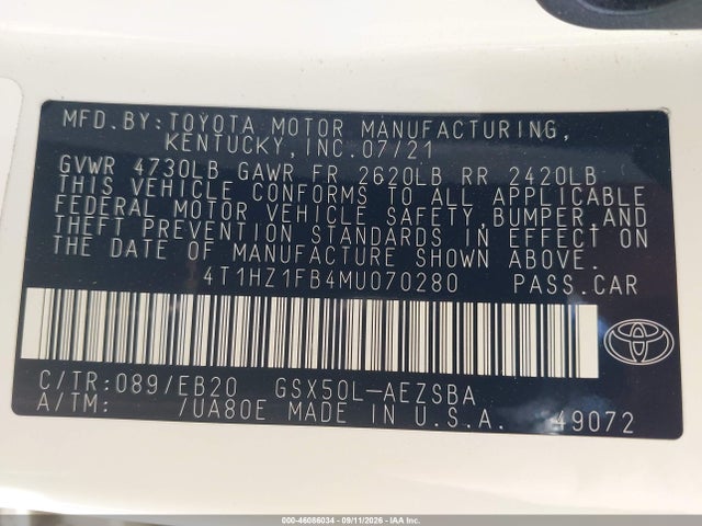 46086034 :رقم المزاد ، 4T1HZ1FB4MU070280 vin ، 2021 Toyota Avalon Touring مزاد بيع