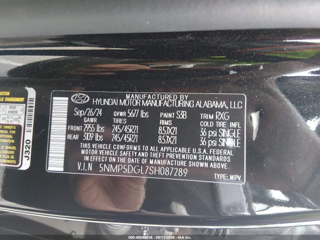 2025 Hyundai Santa Fe Calligraphy მანქანა იყიდება აუქციონზე, vin: 5NMP5DGL7SH087289, აუქციონის ნომერი: 46086036