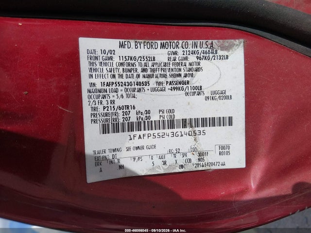 46086045 :رقم المزاد ، 1FAFP55243G140535 vin ، 2003 Ford Taurus Ses مزاد بيع