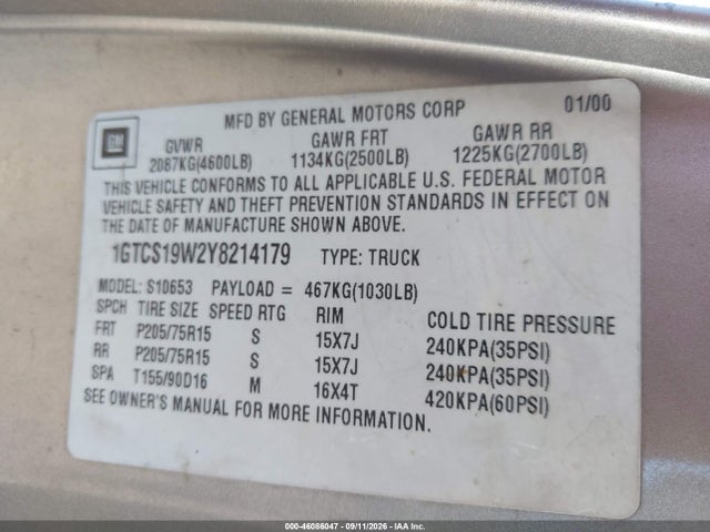 2000 Gmc Sonoma Sls მანქანა იყიდება აუქციონზე, vin: 1GTCS19W2Y8214179, აუქციონის ნომერი: 46086047