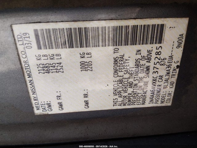 Продаж на аукціоні авто 2019 Nissan Maxima 3.5 Sv, vin: 1N4AA6AVXKC375285, номер лоту: 46086058