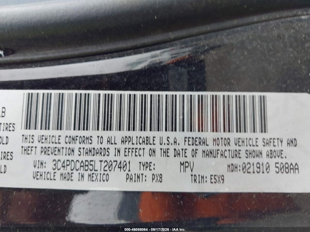 2020 Dodge Journey Se Value მანქანა იყიდება აუქციონზე, vin: 3C4PDCAB5LT207401, აუქციონის ნომერი: 46086064