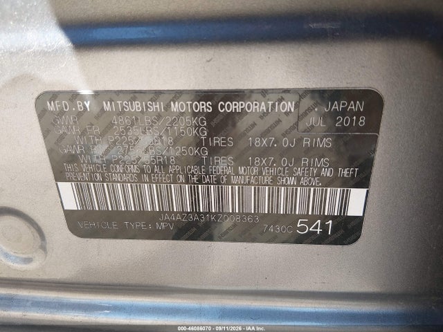 46086070 :رقم المزاد ، JA4AZ3A31KZ008363 vin ، 2019 Mitsubishi Outlander Es مزاد بيع