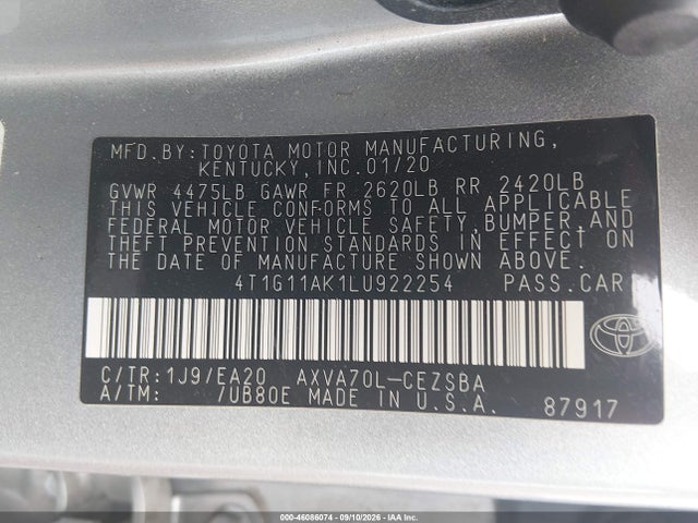2020 Toyota Camry Se მანქანა იყიდება აუქციონზე, vin: 4T1G11AK1LU922254, აუქციონის ნომერი: 46086074