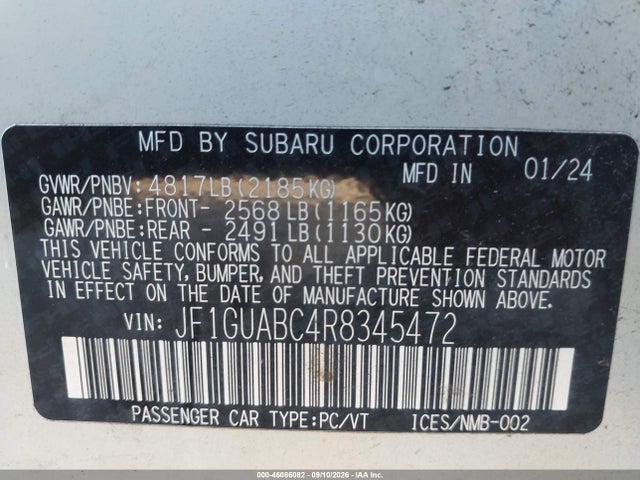 46086082 :رقم المزاد ، JF1GUABC4R8345472 vin ، 2024 Subaru Impreza Base 5-door مزاد بيع