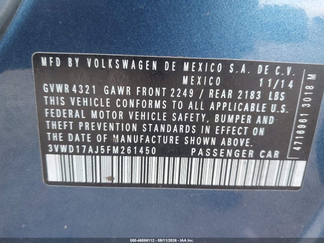 Продажа на аукционе авто 2015 Volkswagen Jetta 1.8t Se, vin: 3VWD17AJ5FM261450, номер лота: 46086112