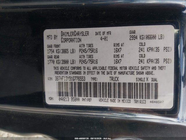 2001 Dodge Ram 1500 St მანქანა იყიდება აუქციონზე, vin: 3B7HF13Y91G776553, აუქციონის ნომერი: 46086126