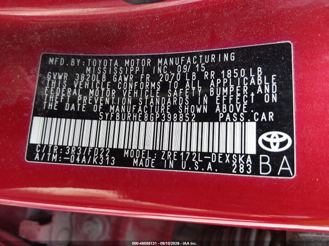 Aukcja sprzedaży 2016 Toyota Corolla S Plus, vin: 5YFBURHE8GP398852, numer aukcji: 46086131