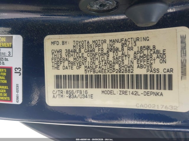Aukcja sprzedaży 2013 Toyota Corolla Le, vin: 5YFBU4EEXDP202882, numer aukcji: 46086144