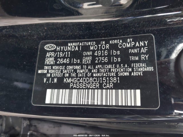 Продаж на аукціоні авто 2012 Hyundai Genesis 3.8, vin: KMHGC4DD8CU151381, номер лоту: 46086150