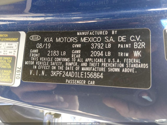 Aukcja sprzedaży 2020 Kia Forte Lxs, vin: 3KPF24AD1LE156864, numer aukcji: 46086159