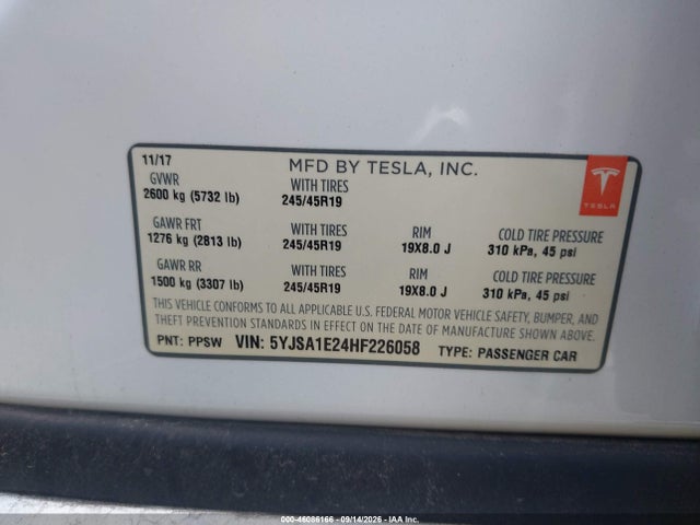 Продаж на аукціоні авто 2017 Tesla Model S, vin: 5YJSA1E24HF226058, номер лоту: 46086166