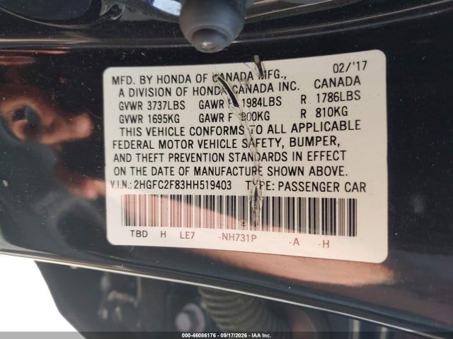 Продажа на аукционе авто 2017 Honda Civic Ex, vin: 2HGFC2F83HH519403, номер лота: 46086176
