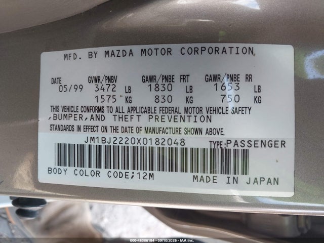 46086184 :رقم المزاد ، JM1BJ2220X0182048 vin ، 1999 Mazda Protege Dx/lx مزاد بيع