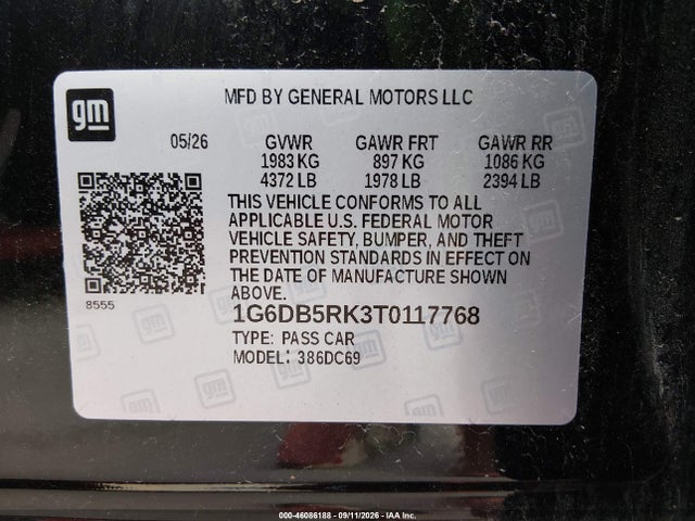 46086188 :رقم المزاد ، 1G6DB5RK3T0117768 vin ، 2026 Cadillac Ct4 Premium Luxury Rwd مزاد بيع