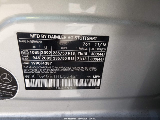 46086190 :رقم المزاد ، WDCTG4GB1HJ337431 vin ، 2017 Mercedes-benz Gla 250 4matic مزاد بيع