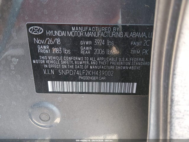 2019 Hyundai Elantra Se მანქანა იყიდება აუქციონზე, vin: 5NPD74LF2KH439002, აუქციონის ნომერი: 46086216