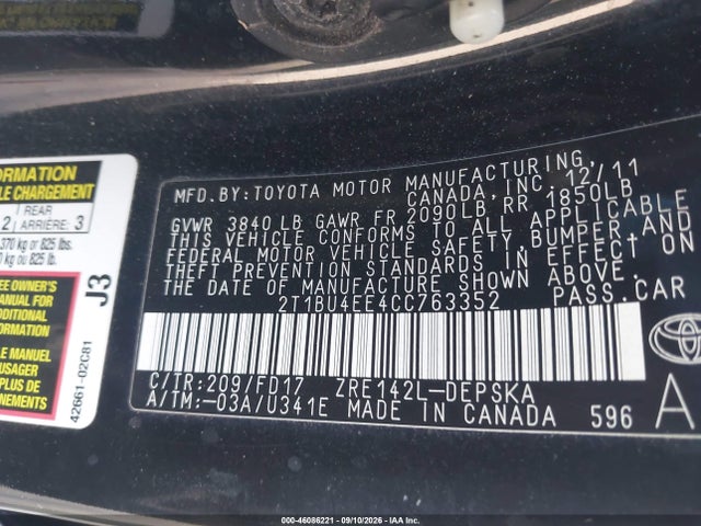 46086221 :رقم المزاد ، 2T1BU4EE4CC763352 vin ، 2012 Toyota Corolla S مزاد بيع