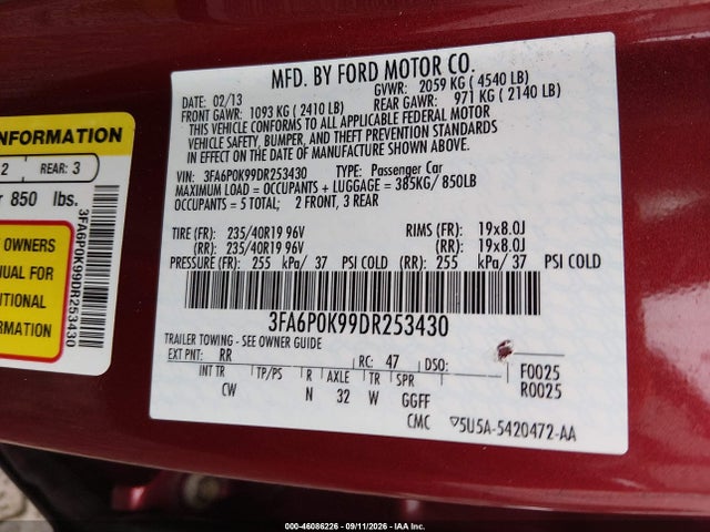 Продаж на аукціоні авто 2013 Ford Fusion Titanium, vin: 3FA6P0K99DR253430, номер лоту: 46086226