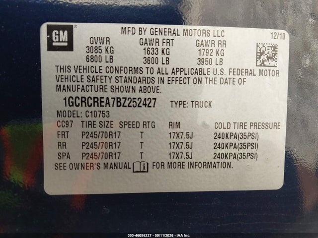 46086227 :رقم المزاد ، 1GCRCREA7BZ252427 vin ، 2011 Chevrolet Silverado 1500 Ls مزاد بيع