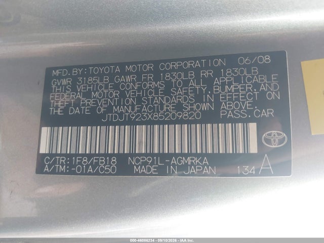 46086234 :رقم المزاد ، JTDJT923X85209820 vin ، 2008 Toyota Yaris مزاد بيع
