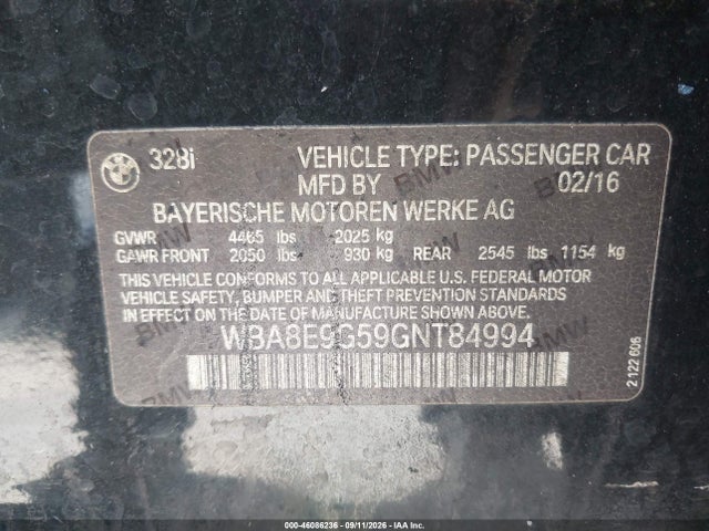 Aukcja sprzedaży 2016 Bmw 328i, vin: WBA8E9G59GNT84994, numer aukcji: 46086236