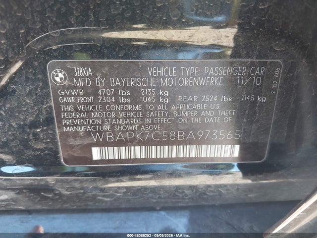 46086252 :رقم المزاد ، WBAPK7C58BA973565 vin ، 2011 Bmw 328i Xdrive مزاد بيع