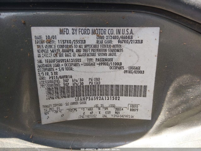 46086274 :رقم المزاد ، 1FAHP56S92A131502 vin ، 2002 Ford Taurus Sel مزاد بيع