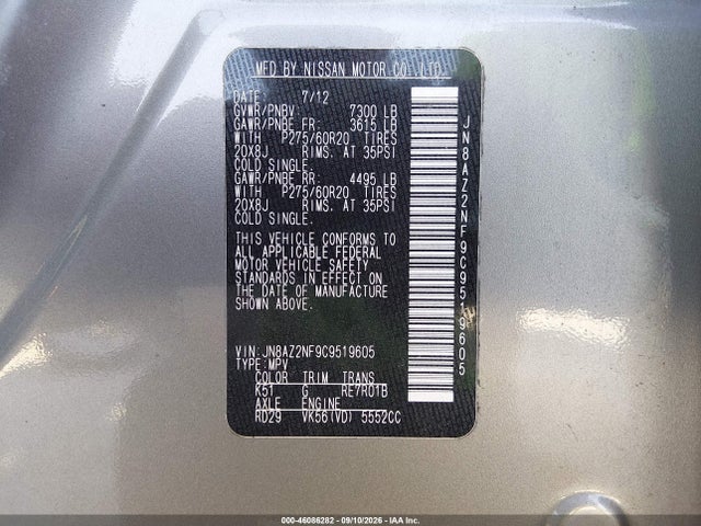 Auction sale of the 2012 Infiniti Qx56, vin: JN8AZ2NF9C9519605, lot number: 46086282