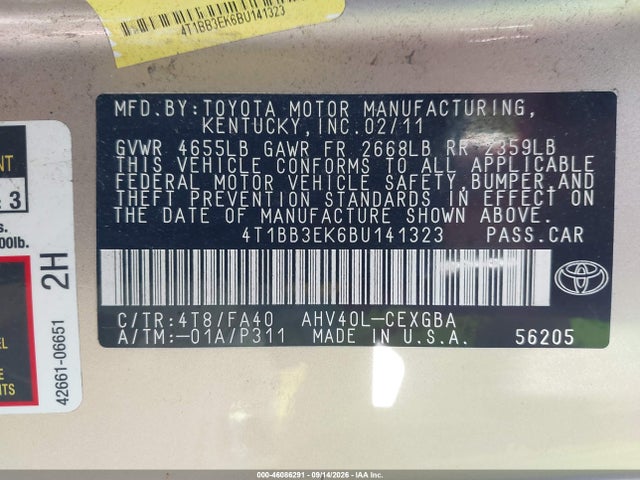 2011 Toyota Camry Hybrid მანქანა იყიდება აუქციონზე, vin: 4T1BB3EK6BU141323, აუქციონის ნომერი: 46086291