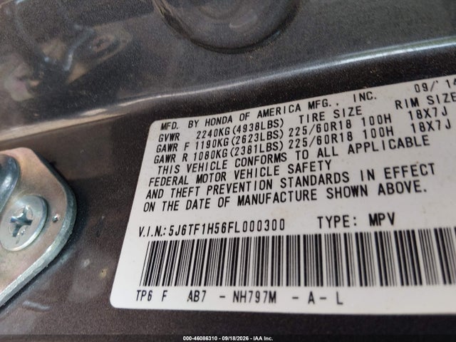 Auction sale of the 2015 Honda Crosstour Ex-l V6, vin: 5J6TF1H56FL000300, lot number: 46086310