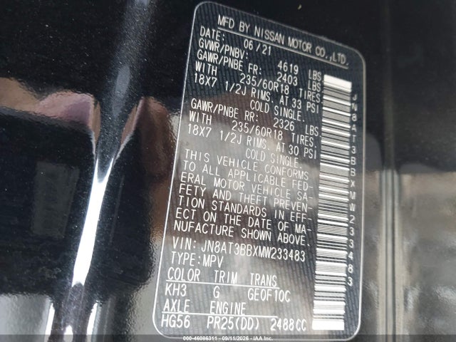 Продажа на аукционе авто 2021 Nissan Rogue Sv Intelligent Awd, vin: JN8AT3BBXMW233483, номер лота: 46086311
