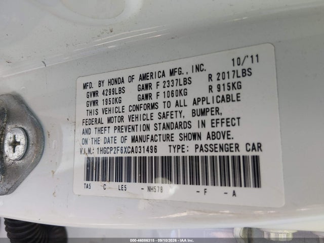 46086315 :رقم المزاد ، 1HGCP2F6XCA031496 vin ، 2012 Honda Accord 2.4 Se مزاد بيع