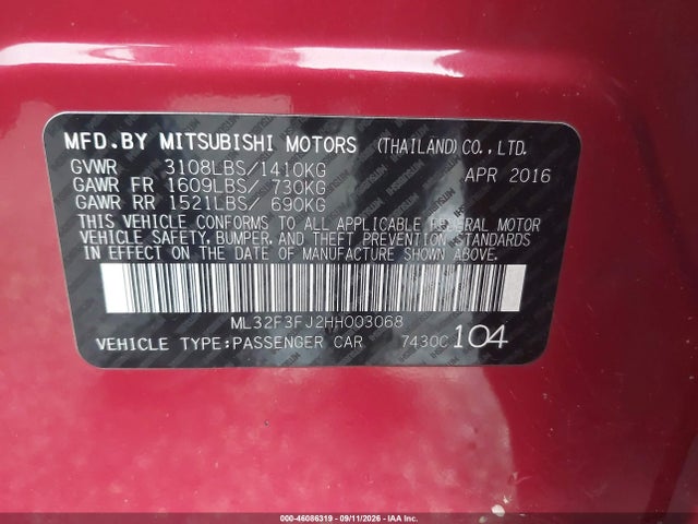 Продаж на аукціоні авто 2017 Mitsubishi Mirage G4 Es, vin: ML32F3FJ2HH003068, номер лоту: 46086319
