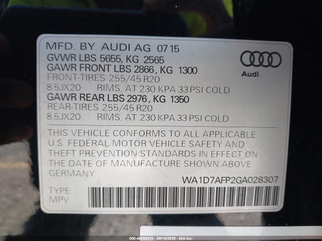 2016 Audi Q5 3.0t Premium Plus მანქანა იყიდება აუქციონზე, vin: WA1D7AFP2GA028307, აუქციონის ნომერი: 46086325